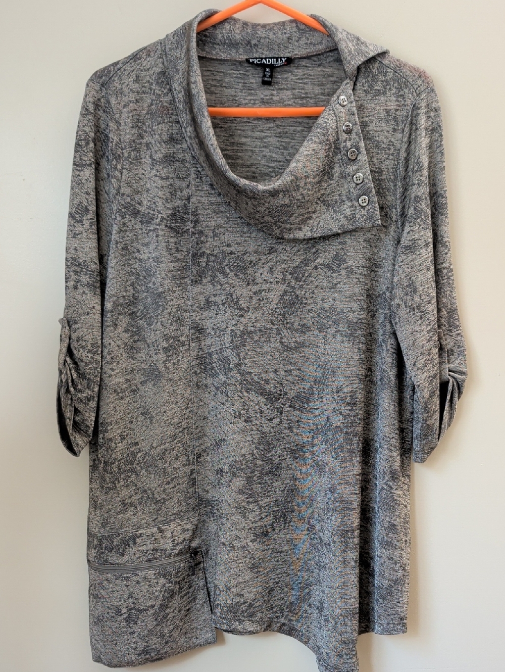 Picadilly Heathered Gray Cowl Neck Top XL | Button Accent Tunic